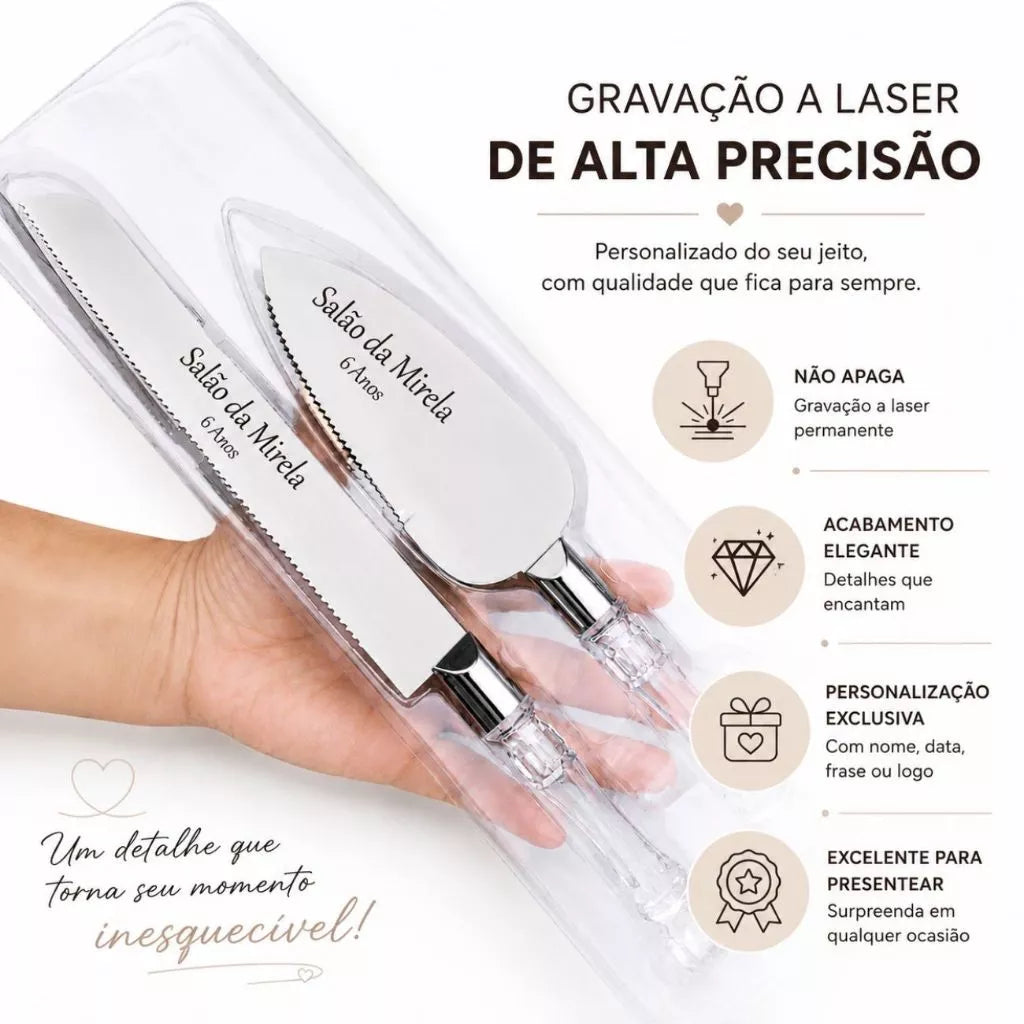 Kit para Bolo Personalizado com Espátula e Faca de Pão