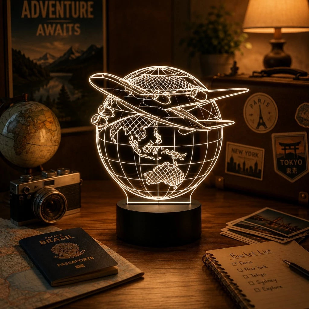 Luminária LED 3D de Viagem com Avião e Mapa-Múndi - 16 cores preto