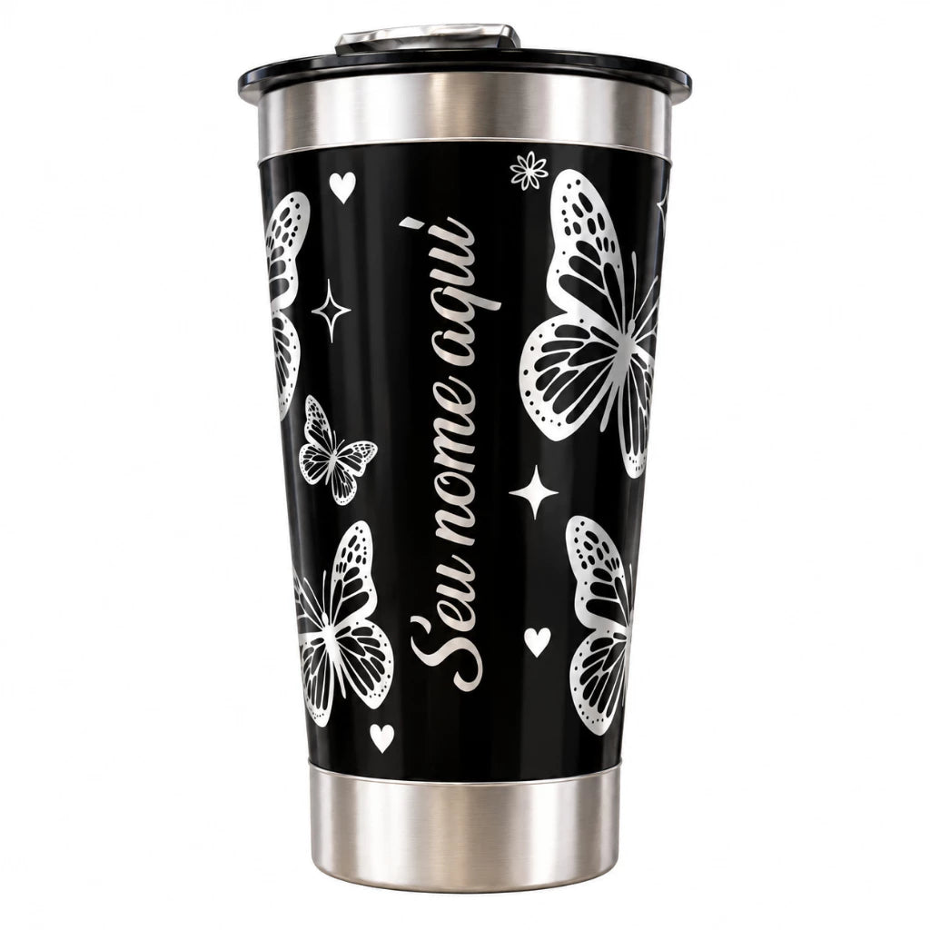 Copo Térmico 473ml Personalizado com Nome e Borboleta