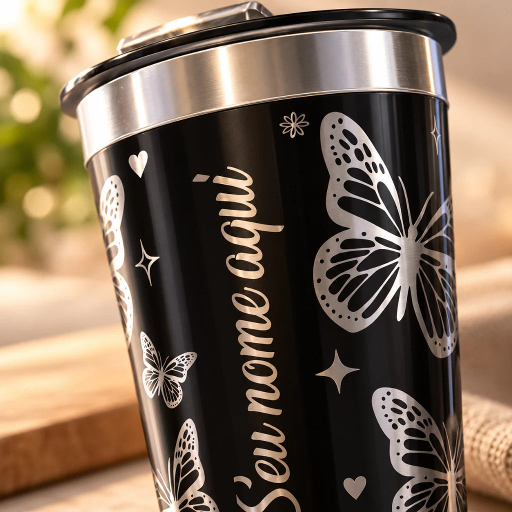 Copo Térmico 473ml Personalizado com Nome e Borboleta