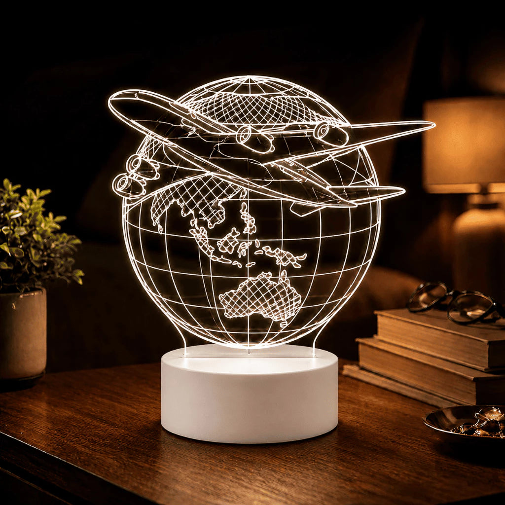 Luminária LED 3D de Viagem com Avião e Mapa-Múndi