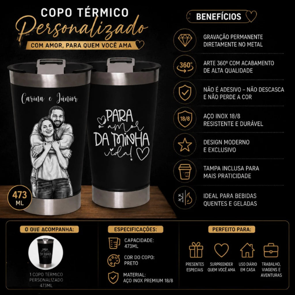 Copo Térmico 473ml Personalizado para Casal com Foto